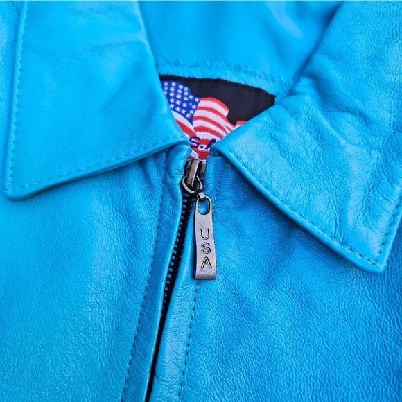 USA Teal Blue Leather Jacket - Picture 11 of 12